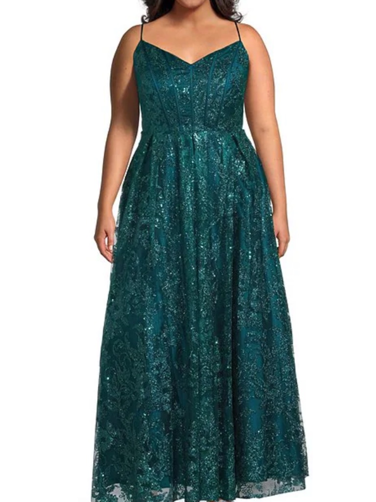 Blond Nites Plus Size Glitter Patterned Corseted V-Neck Tie Back Dress